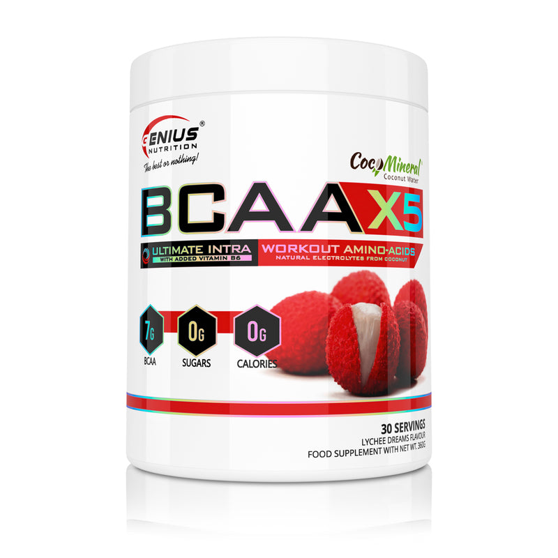 Load image into Gallery viewer, BCAA-X5 360g 30serv Genius Nutrition Lychee Dreams - Supplement for muscle recovery and hydration with amino acids, citrulline malate and electrolytes.

