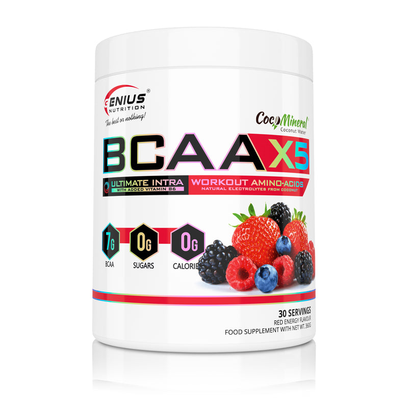 Load image into Gallery viewer, BCAA-X5 360g 30serv Genius Nutrition Red Energy - Supplement for muscle recovery and hydration with amino acids, citrulline malate and electrolytes.
