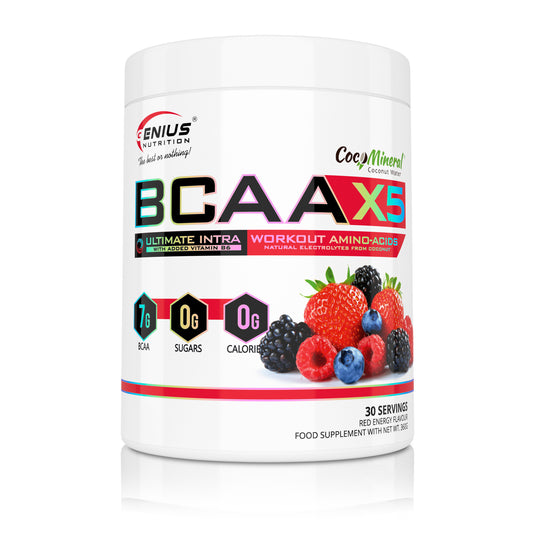 BCAA-X5 360g 30serv Genius Nutrition Red Energy - Supplement for muscle recovery and hydration with amino acids, citrulline malate and electrolytes.