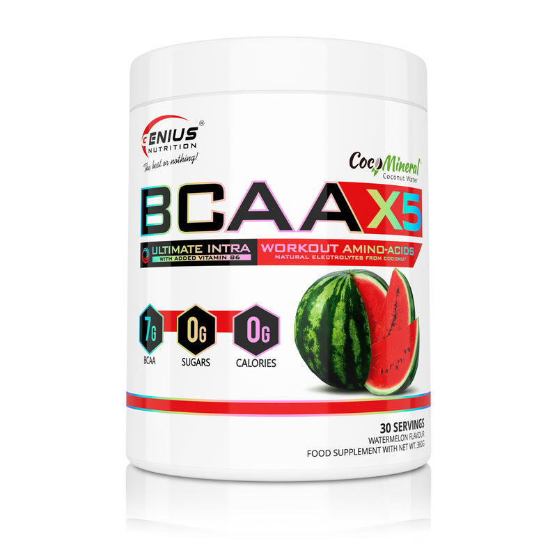 Load image into Gallery viewer, BCAA-X5 360g 30serv Genius Nutrition Watermelon - Supplement for muscle recovery and hydration with amino acids, citrulline malate and electrolytes.
