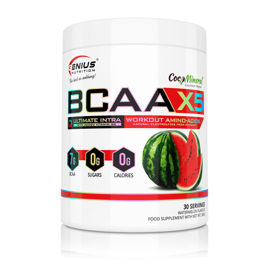 BCAA-X5 360g 30serv Genius Nutrition Watermelon - Supplement for muscle recovery and hydration with amino acids, citrulline malate and electrolytes.