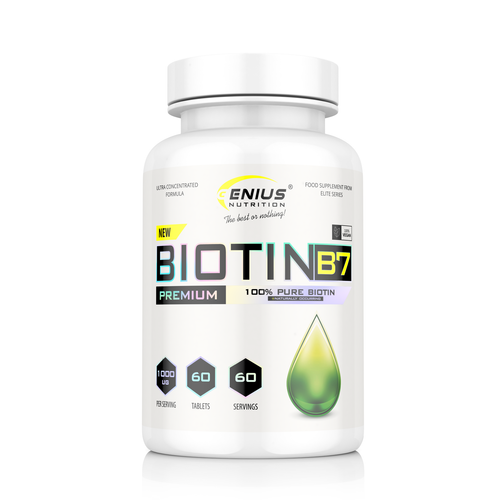 BIOTIN B7 60tabs Genius Nutrition – Supplement for hair, nails, and skin essential in keratin synthesis.