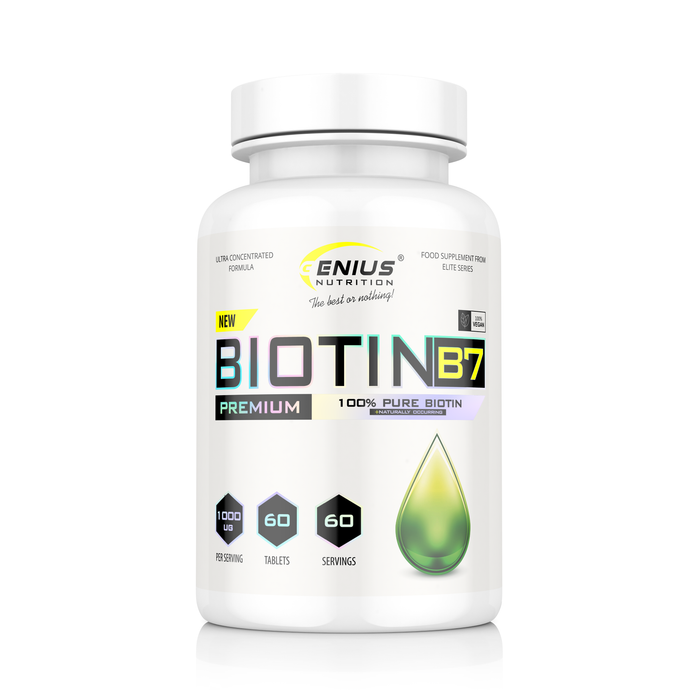BIOTIN B7 60tabs Genius Nutrition – Supplement for hair, nails, and skin essential in keratin synthesis.