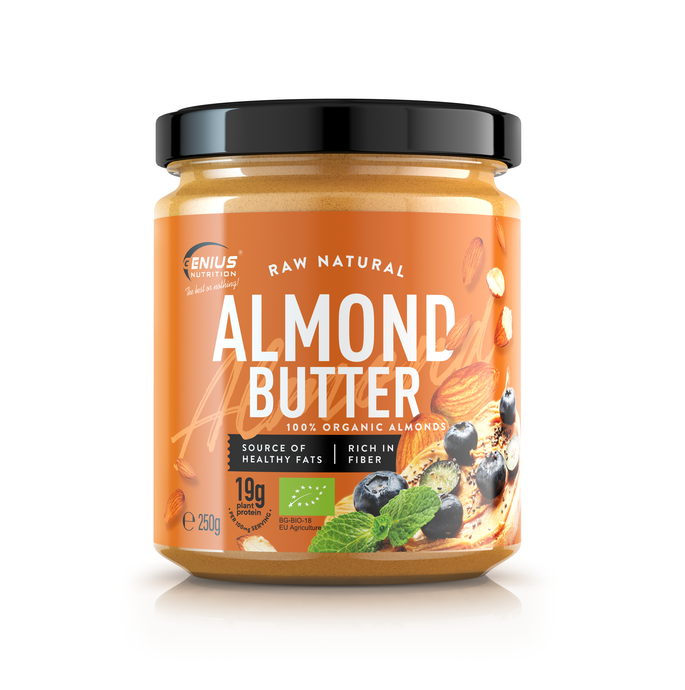 BIO ALMOND BUTTER 250g Genius Nutrition - Pure, creamy natural almond butter, rich in healthy fats and protein, perfect for a nutritious snack.