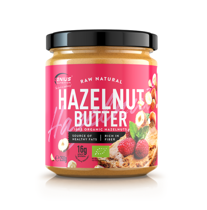 BIO HAZELNUT BUTTER 250g Genius Nutrition - Pure, creamy natural hazelnut butter, rich in healthy fats and protein, perfect for a nutritious snack.