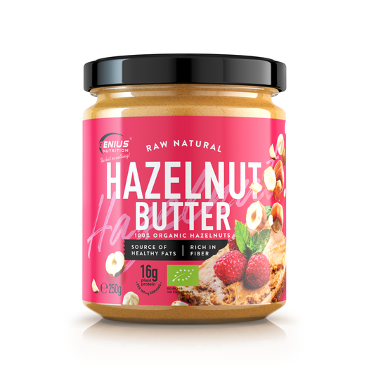 BIO HAZELNUT BUTTER 250g Genius Nutrition - Pure, creamy natural hazelnut butter, rich in healthy fats and protein, perfect for a nutritious snack.