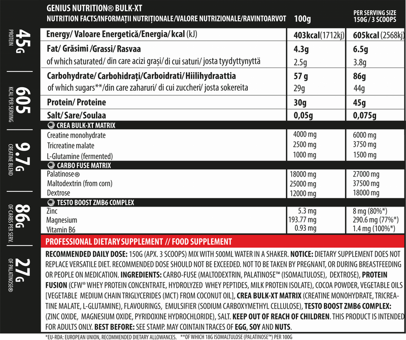 Load image into Gallery viewer, BULK-XT 4000g 27serv Genius Nutrition - Gainer supplement for muscle mass development with protein and carbohydrates, enhanced with creatine and ZMB6.

