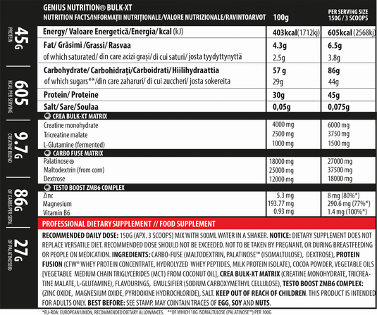 BULK-XT 4000g 27serv Genius Nutrition - Gainer supplement for muscle mass development with protein and carbohydrates, enhanced with creatine and ZMB6.