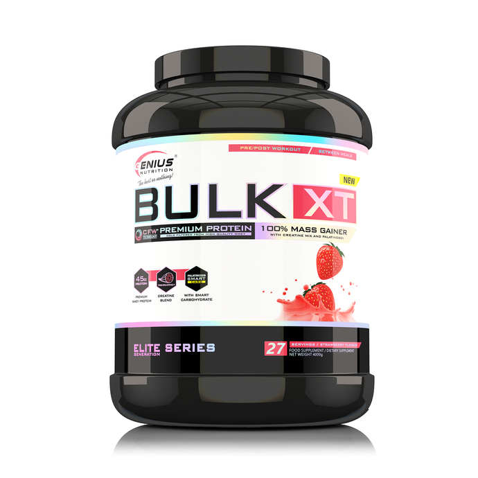 BULK-XT 4000g 27serv Genius Nutrition Strawberry - Gainer supplement for muscle mass development with protein and carbohydrates, enhanced with creatine and ZMB6.