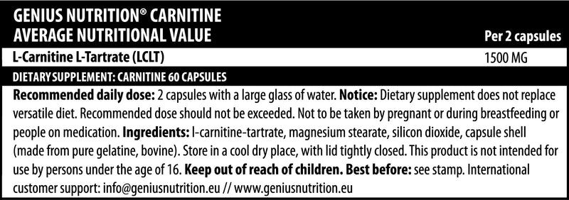Load image into Gallery viewer, CARNITINE (L-TARTRATE) 60caps 30serv Genius Nutrition – Supplement for weight loss and fat burning.
