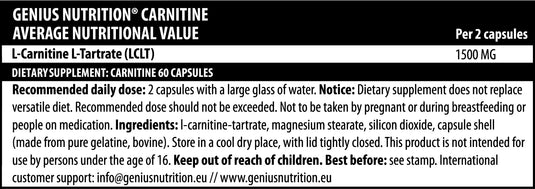 CARNITINE (L-TARTRATE) 60caps 30serv Genius Nutrition – Supplement for weight loss and fat burning.