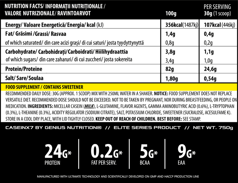 Load image into Gallery viewer, CASEIN-X7 750g 25serv Genius Nutrition - Casein based protein supplement for overnight muscle growth and recovery.
