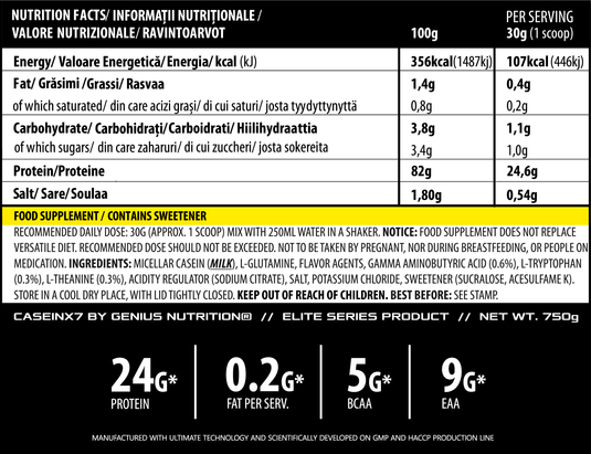 CASEIN-X7 750g 25serv Genius Nutrition - Casein based protein supplement for overnight muscle growth and recovery.