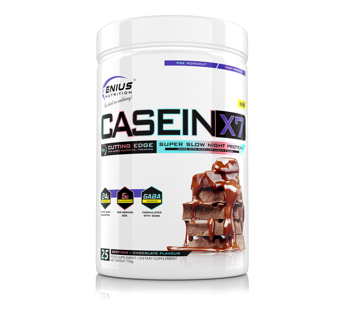 CASEIN-X7 750g 25serv Genius Nutrition Chocolate - Casein based protein supplement for overnight muscle growth and recovery.