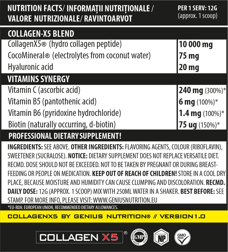 Load image into Gallery viewer, COLLAGEN-X5 360g 30serv Genius Nutrition – Skin, hair and nails care supplement with digestive benefits enriched with coconut water electrolytes (CocoMineral®).
