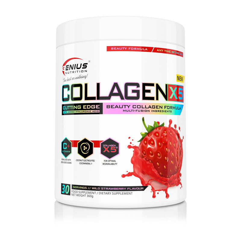 Load image into Gallery viewer, COLLAGEN-X5 360g 30serv Genius Nutrition Wild Strawberry - Skin, hair and nails care supplement with digestive benefits enriched with coconut water electrolytes (CocoMineral®).
