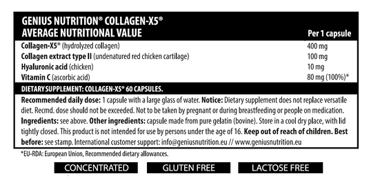 COLLAGEN-X5 60caps 60serv Genius Nutrition – Supplement for shiny hair and skin with added vitamin C.