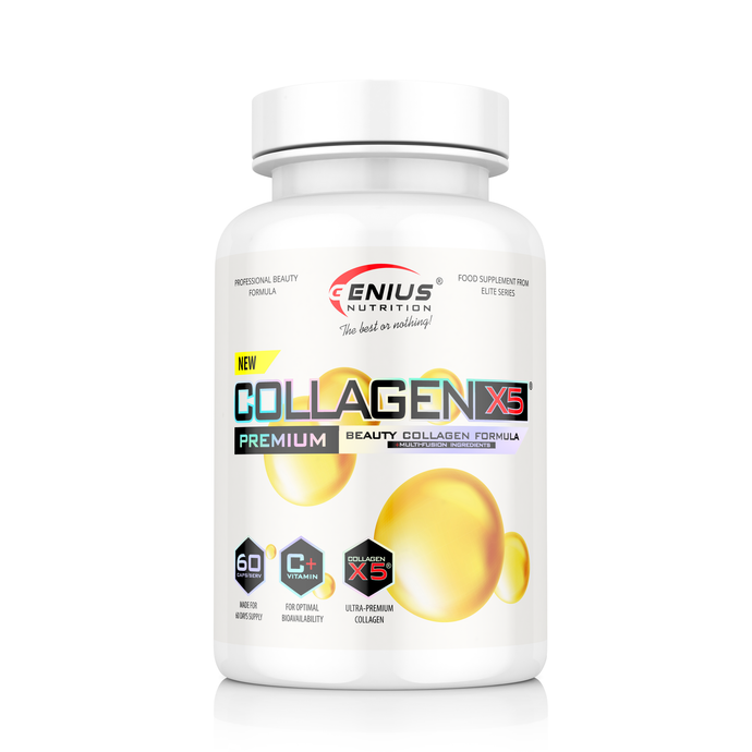 COLLAGEN-X5 60caps 60serv Genius Nutrition – Supplement for shiny hair and skin with added vitamin C.