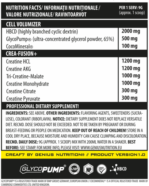 Load image into Gallery viewer, CREA-F7 405g 45serv Genius Nutrition – Supplement for ATP production with six types of creatine for muscle mass increase, energy, pump and hydration (CocoMineral®).
