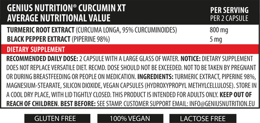 CURCUMIN-XT (TURMERIC) 90caps 45serv Genius Nutrition – Natural anti inflammatory supplement with turmeric and piperine for superior absorption.