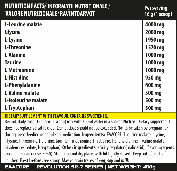 Load image into Gallery viewer, EAACORE 400g 25serv Genius Nutrition - Essential amino acid supplement for recovery and muscle growth, enriched with taurine.
