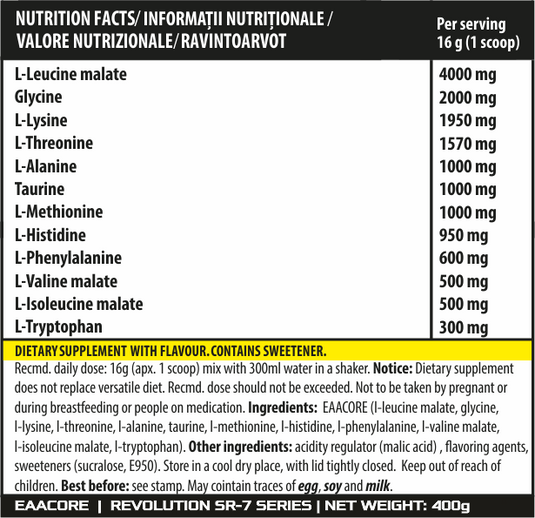 EAACORE 400g 25serv Genius Nutrition - Essential amino acid supplement for recovery and muscle growth, enriched with taurine.