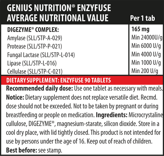 ENZYFUSE 90tabs Genius Nutrition – Digestive enzyme supplement designed to improve nutrient digestion and absorption ideal for those with enzyme deficiency.