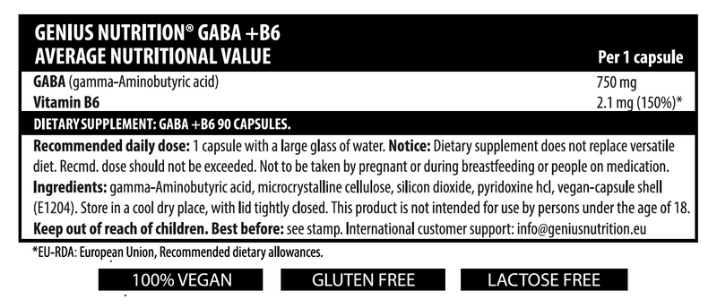 Load image into Gallery viewer, GABA+B6 90caps 90serv Genius Nutrition - Neurotransmitter supplement for anxiety and insomnia relief with vitamin B6 for serotonin production.
