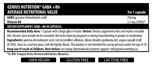 GABA+B6 90caps 90serv Genius Nutrition - Neurotransmitter supplement for anxiety and insomnia relief with vitamin B6 for serotonin production.