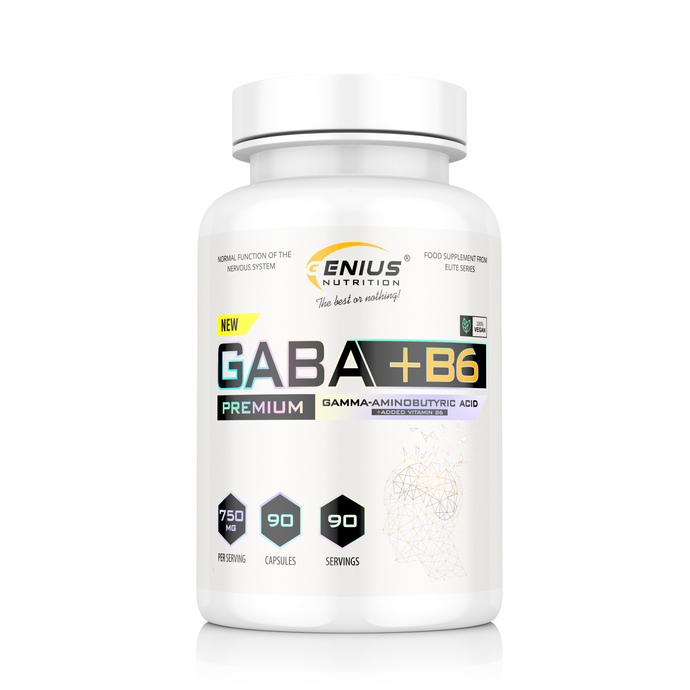 GABA+B6 90caps 90serv Genius Nutrition - Neurotransmitter supplement for anxiety and insomnia relief with vitamin B6 for serotonin production.