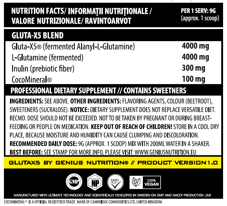 Load image into Gallery viewer, GLUTA-X5 405g 45serv Genius Nutrition - Glutamine supplement for gut health support, immunity and muscle recovery after intense workouts.
