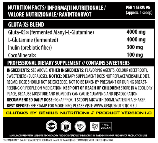 GLUTA-X5 405g 45serv Genius Nutrition - Glutamine supplement for gut health support, immunity and muscle recovery after intense workouts.