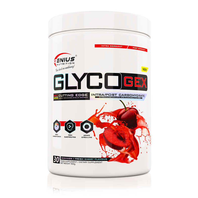 Load image into Gallery viewer, GLYCOGEX 900g 30serv Genius Nutrition Fresh Cherry - Supplement for glycogen replenishment with added citrulline &amp; electrolytes.
