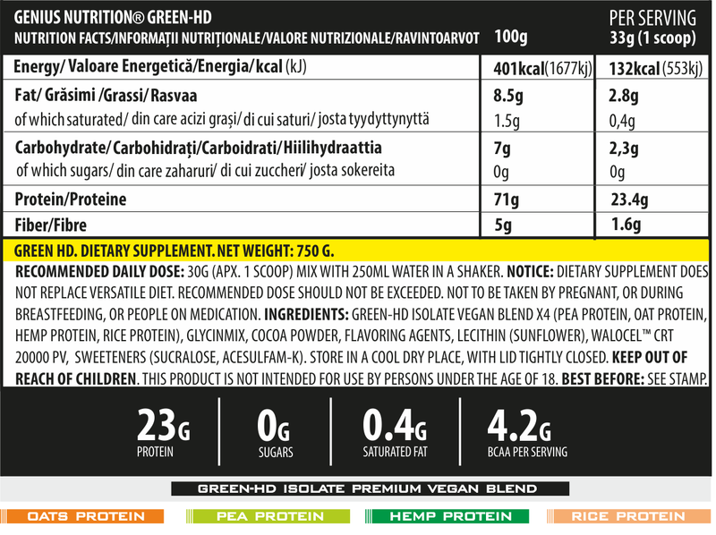 Load image into Gallery viewer, GREEN-HD 760g 25 serv Genius Nutrition Chocolate - Vegan protein powder supplement with no added sugar, sourced from 4 plant-based sources designed for muscle growth, efficient recovery and preventing catabolism.
