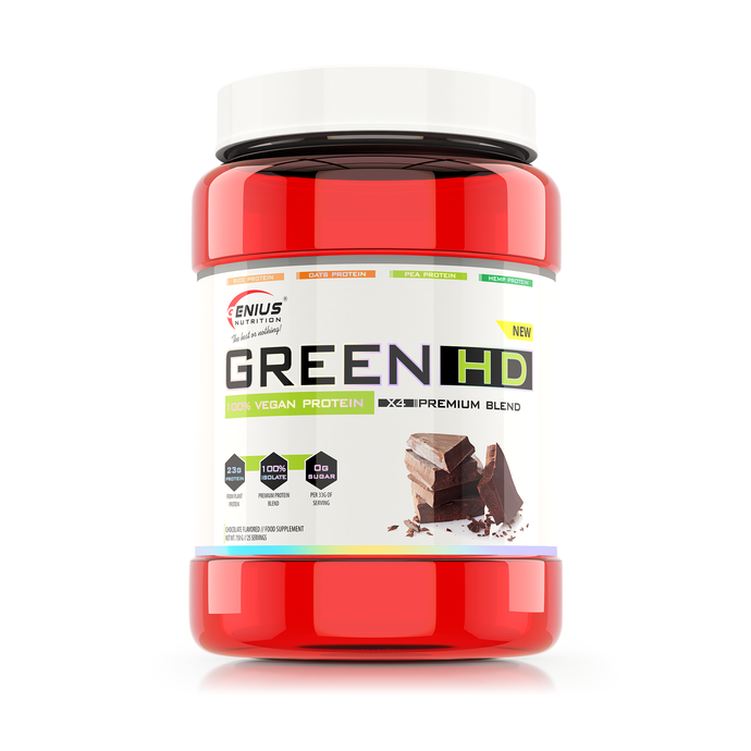 GREEN-HD 760g 25 serv Genius Nutrition Chocolate - Vegan protein powder supplement with no added sugar, sourced from 4 plant-based sources designed for muscle growth, efficient recovery and preventing catabolism.