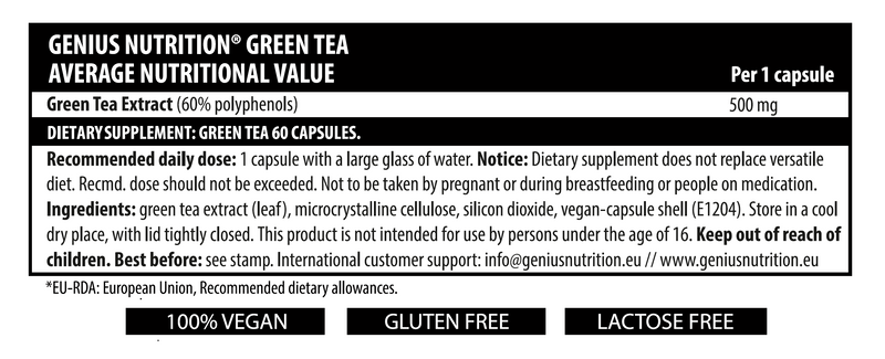 Load image into Gallery viewer, GREEN TEA 60caps 60serv Genius Nutrition – Supplement with green tea extract rich in polyphenols, for cardiovascular and brain health support.

