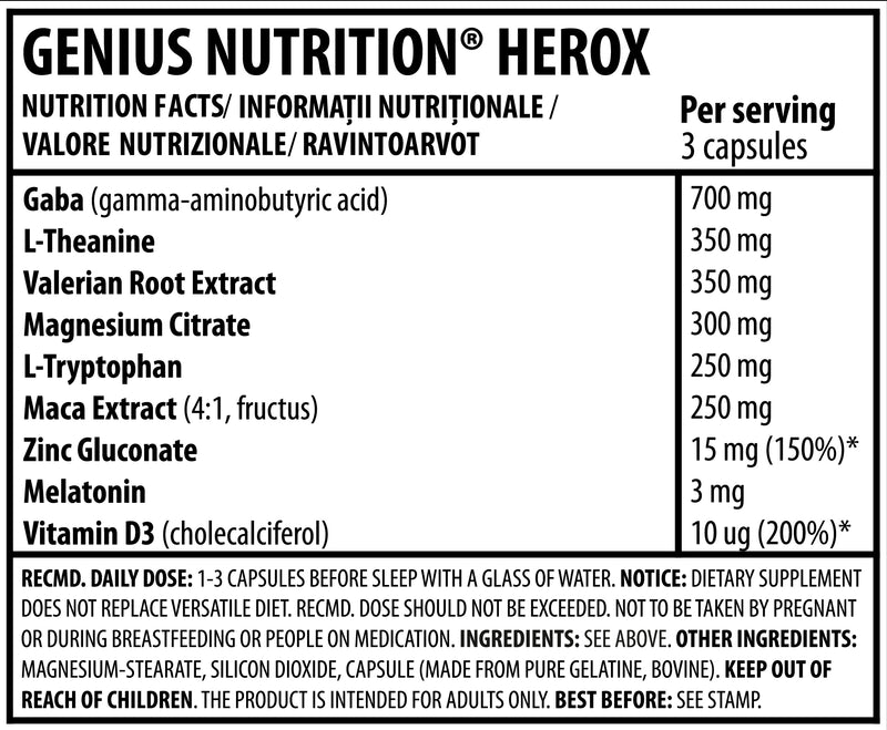 Load image into Gallery viewer, HEROX 180megacaps 60serv Genius Nutrition – Natural sleep supplement with herbs to reduce muscle tension and promote relaxation.
