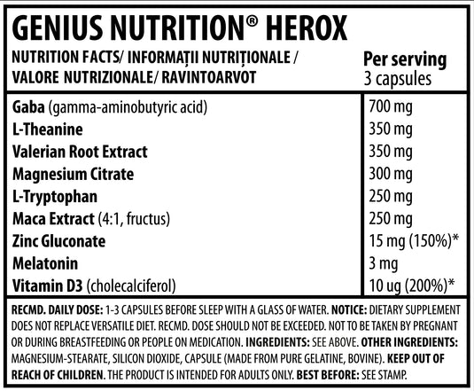 HEROX 180megacaps 60serv Genius Nutrition – Natural sleep supplement with herbs to reduce muscle tension and promote relaxation.