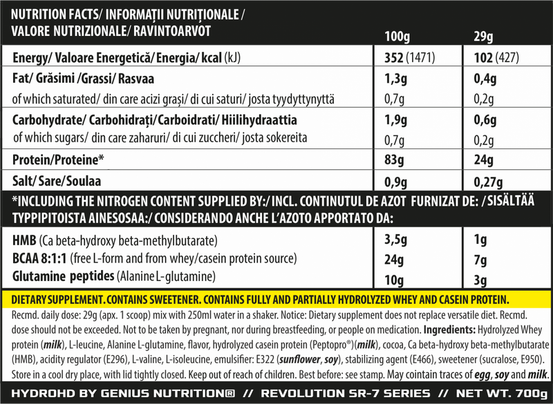 Load image into Gallery viewer, HYDRO-HD 700g 24serv Genius Nutrition Chocolate - Hydrolyzed whey protein supplement with rapid absorption for muscle recovery and growth enhanced with HMB and BCAA for superior protein synthesis.
