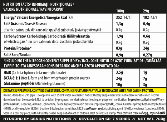 HYDRO-HD 700g 24serv Genius Nutrition Chocolate - Hydrolyzed whey protein supplement with rapid absorption for muscle recovery and growth enhanced with HMB and BCAA for superior protein synthesis.