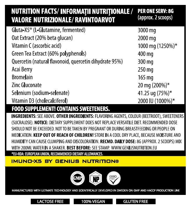 Load image into Gallery viewer, IMUNO-X5 240g 30serv Genius Nutrition -  Natural antioxidant supplement high in vitamin C, vitamin D3, and zinc, specially formulated to boost your immune system.
