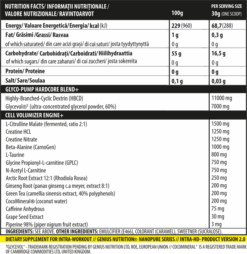 Load image into Gallery viewer, INTRA-HD 750g 24serv Genius Nutrition  - Intra-workout supplement for glycogen replenishment, energy, muscle volumization and endurance.
