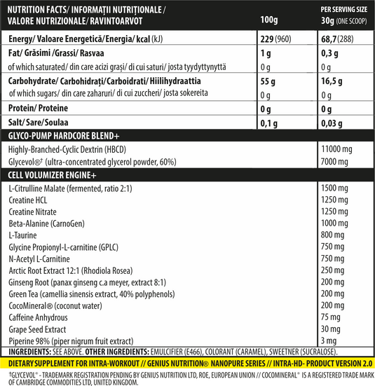 INTRA-HD 750g 24serv Genius Nutrition  - Intra-workout supplement for glycogen replenishment, energy, muscle volumization and endurance.