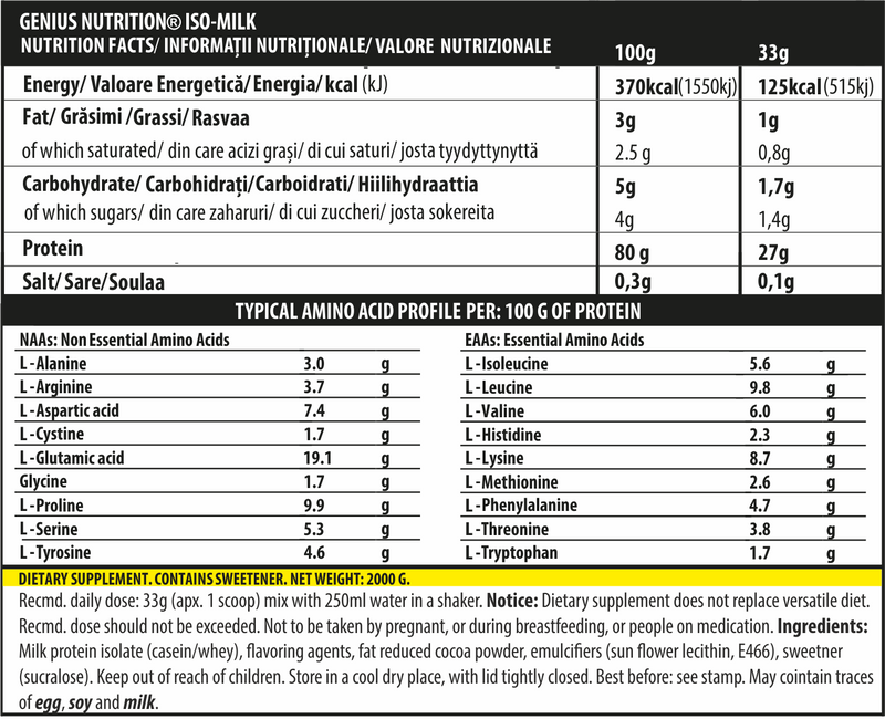 Load image into Gallery viewer, ISO-MILK 2000g 61serv Genius Nutrition - Whey isolate and casein milk protein supplement with fast and slow absorption, tailored to maintain an extended anabolic state.

