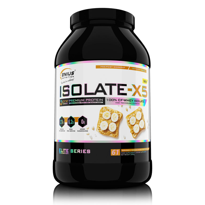 Load image into Gallery viewer, ISOLATE-X5 2000g 61serv Genius Nutrition Banana Peanut Buter - Fast absorbing WPI supplement with low carb content and rich in BCAA, obtained through natural CFW® filtration.
