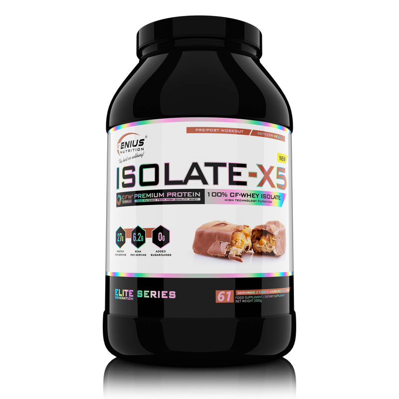 Load image into Gallery viewer, ISOLATE-X5 2000g 61serv Genius Nutrition Choco-Hazelnut - Fast absorbing WPI supplement with low carb content and rich in BCAA, obtained through natural CFW® filtration.
