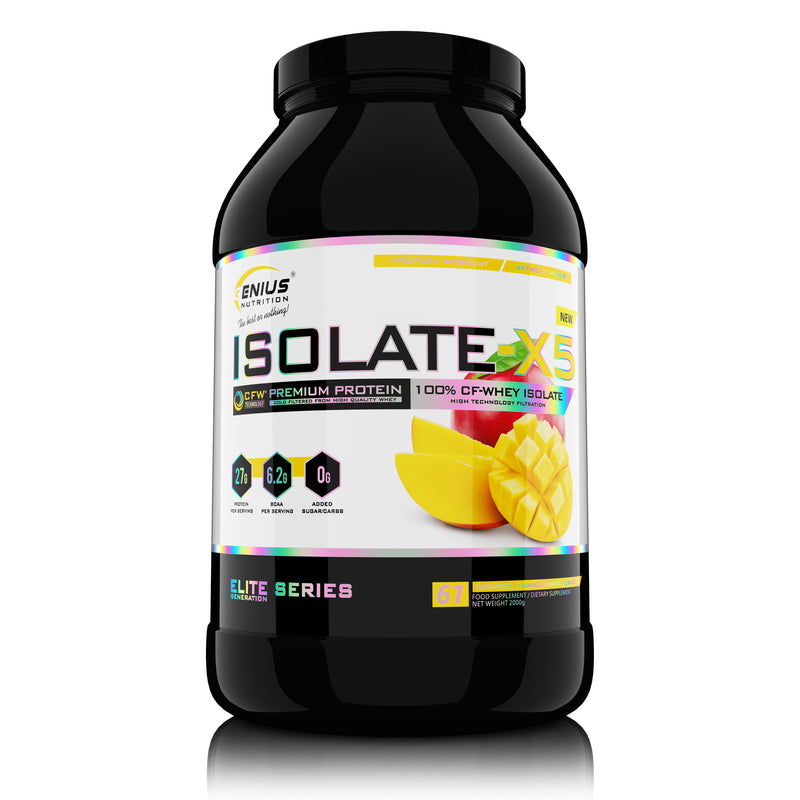Load image into Gallery viewer, ISOLATE-X5 2000g 61serv Genius Nutrition Mango Shake - Fast absorbing WPI supplement with low carb content and rich in BCAA, obtained through natural CFW® filtration.
