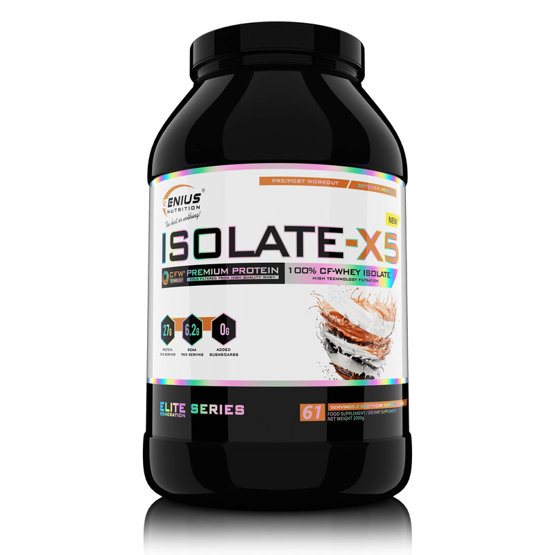 Load image into Gallery viewer, ISOLATE-X5 2000g 61serv Genius Nutrition Wheysquick Chocolate - Fast absorbing WPI supplement with low carb content and rich in BCAA, obtained through natural CFW® filtration.

