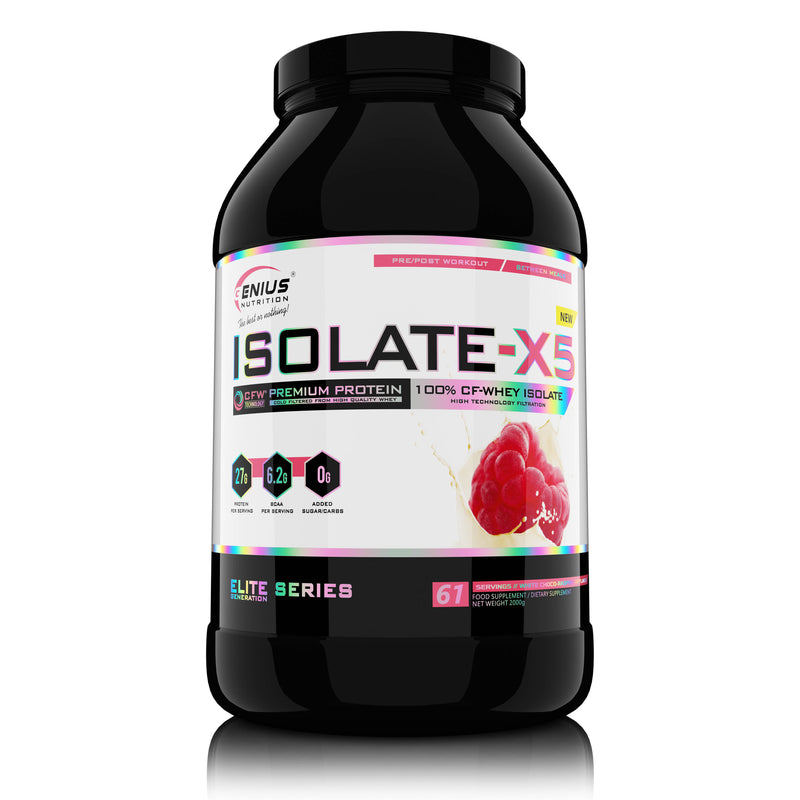 Load image into Gallery viewer, ISOLATE-X5 2000g 61serv Genius Nutrition White Chocolate Raspberry - Fast absorbing WPI supplement with low carb content and rich in BCAA, obtained through natural CFW® filtration.
