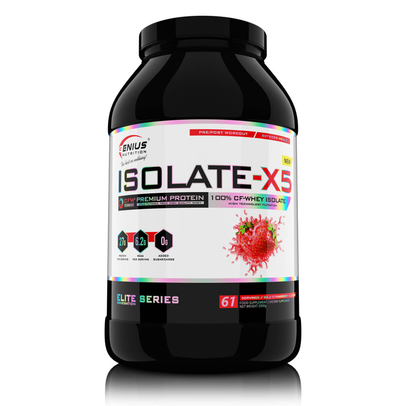 Load image into Gallery viewer, ISOLATE-X5 2000g 61serv Genius Nutrition Wild Strawberry - Fast absorbing WPI supplement with low carb content and rich in BCAA, obtained through natural CFW® filtration.

